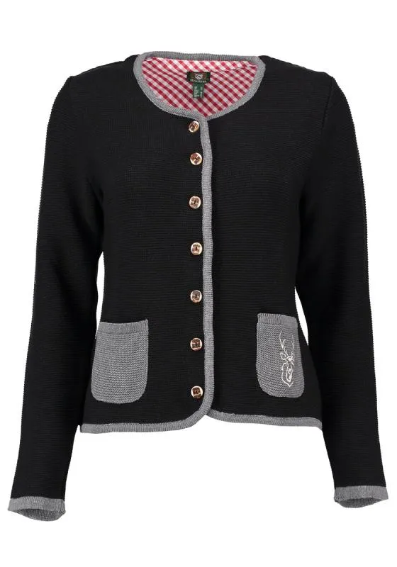 OS Trachten Women's Cardigan — Traditional Deer Embroidery- black