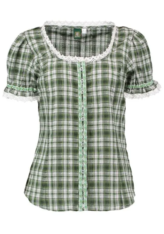 OS Trachten Women's Ruffled Dirndl Blouse — Green Check