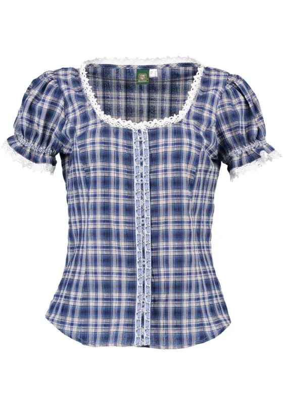 OS Trachten Women's Ruffled Dirndl Blouse — Blue Check