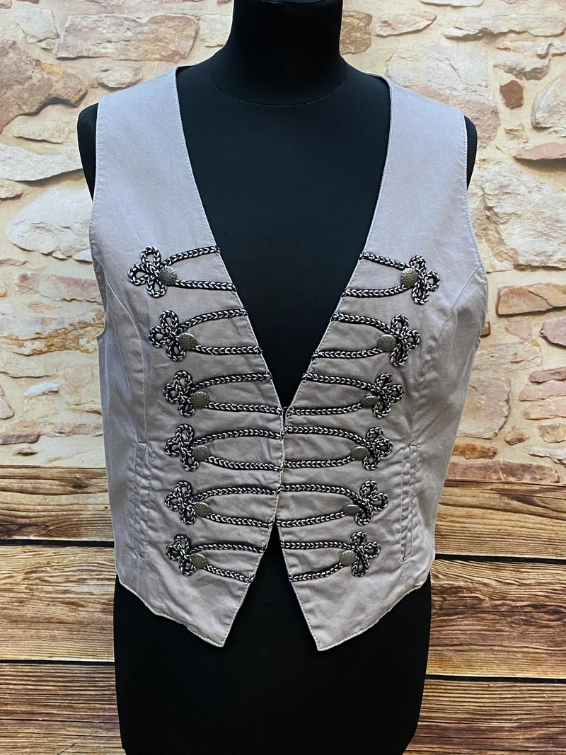 Vintage Damen Weste Trachtenstil Grau mit Posamenten – Größe 38
