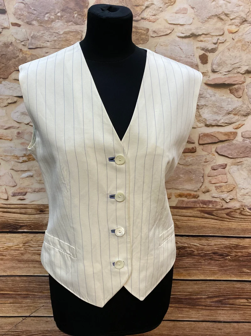 Vintage Damen Weste Nadelstreifen Creme Leinenmix – Größe 38