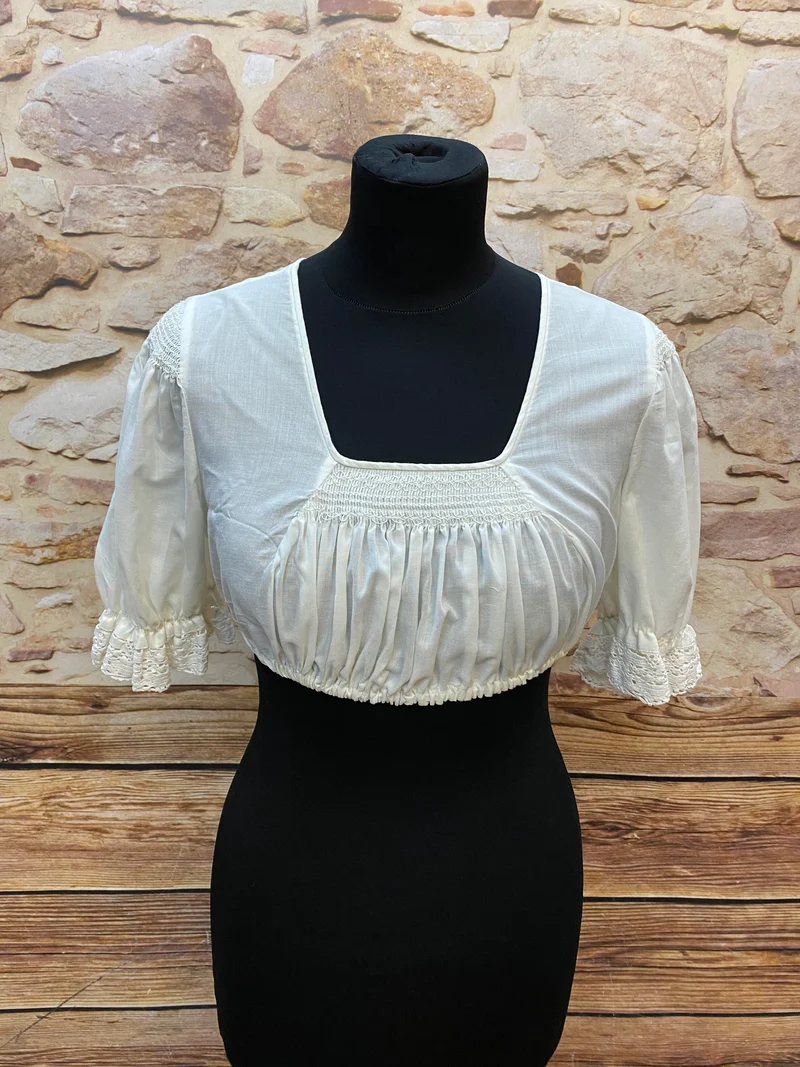 Vintage Dirndlbluse weiß Spitze Smokarbeit Baumwolle Gr. 38