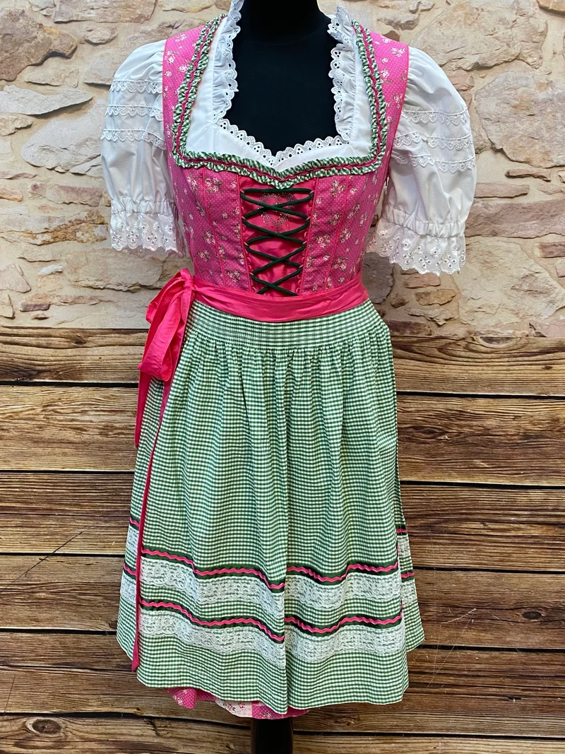 Vintage Dirndl Set Pink-Grün Gr. 42 – Bluse & Schürze