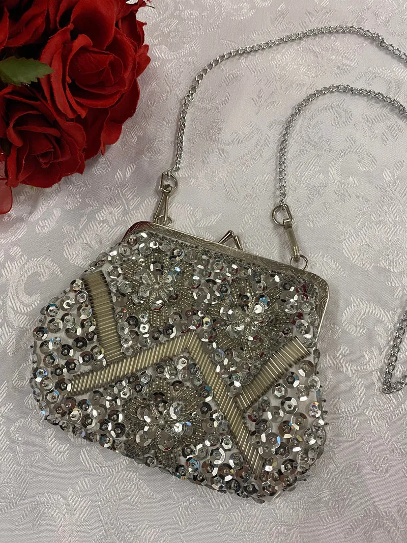 20er Jahre Abendtasche Silber Art Déco Perlen Vintage