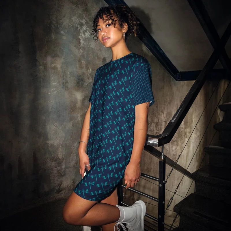 Stylish T-Shirt Dress with Dragonfly Pattern