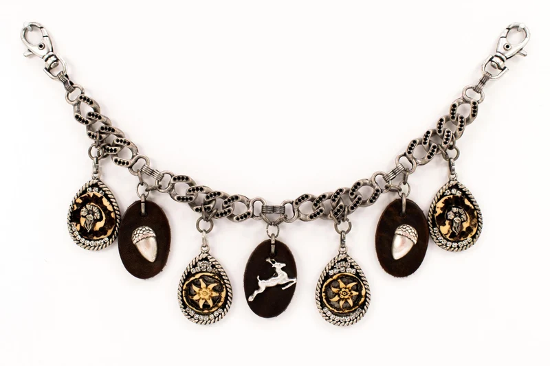 Charivari with acorn and stag on leather in antique silver