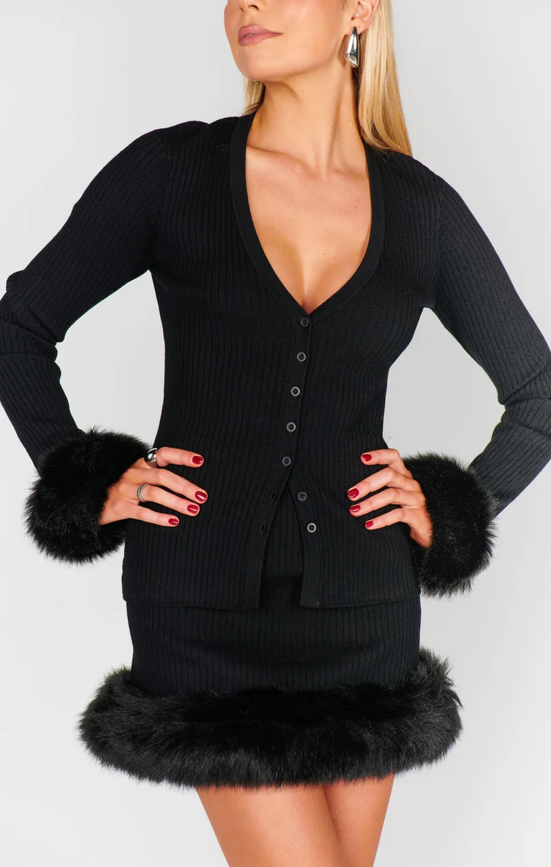 Sasha Top ~ Black Knit with Faux Fur