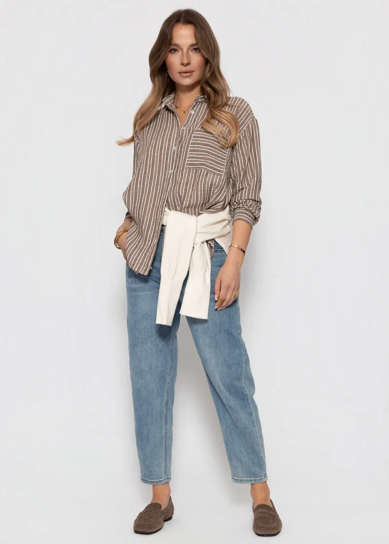 Gestreifte Hemdbluse mit Brusttasche - braun