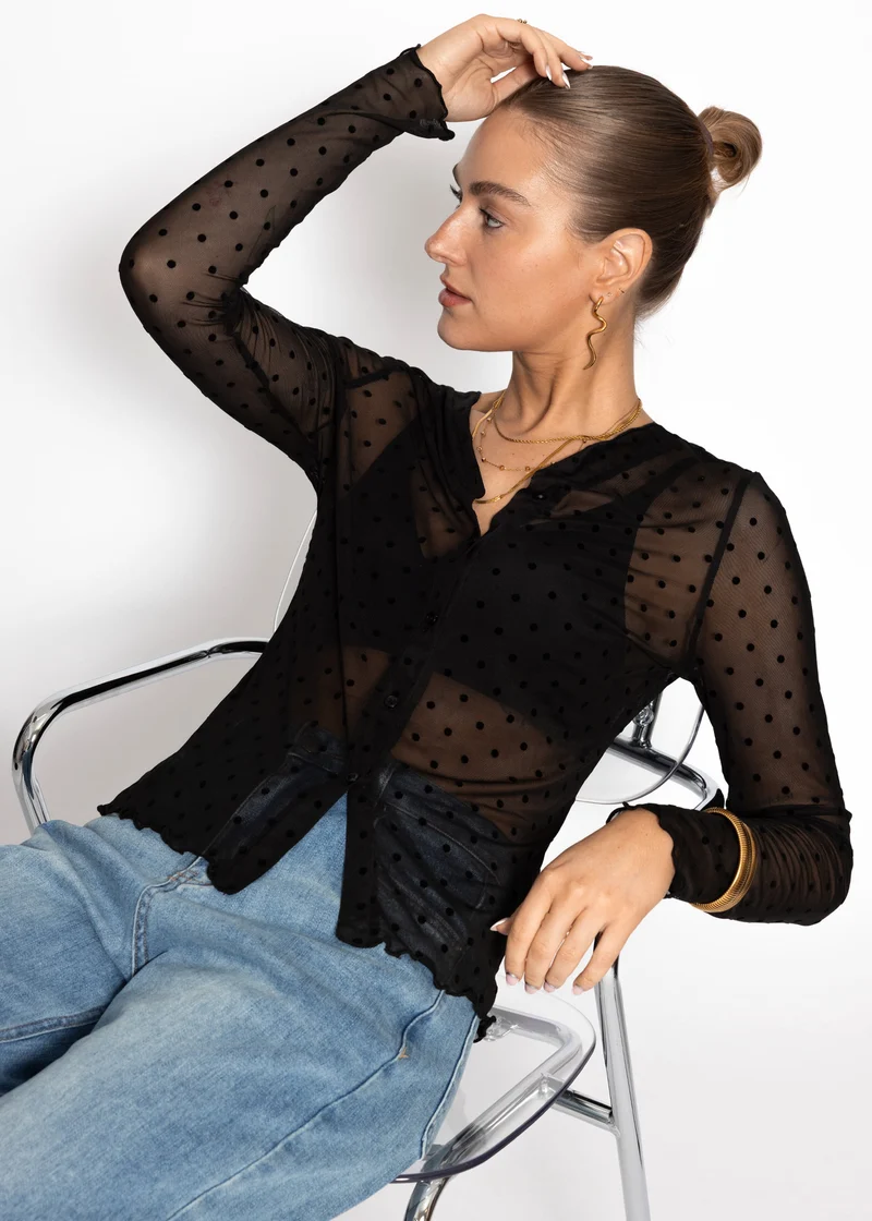 Mesh Langarmshirt mit Punktemuster - schwarz