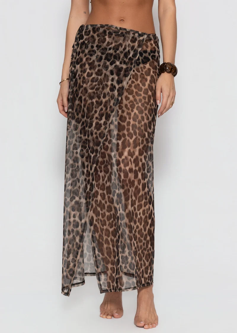 Mesh Pareo mit Leo-Print - braun