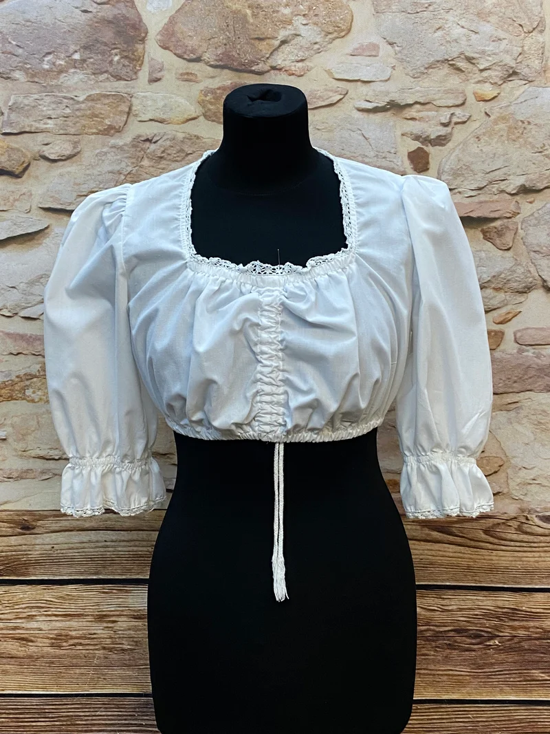 Dirndlbluse Damen Weiß – Klassisch mit Raffung & Spitze (Gr. 40)