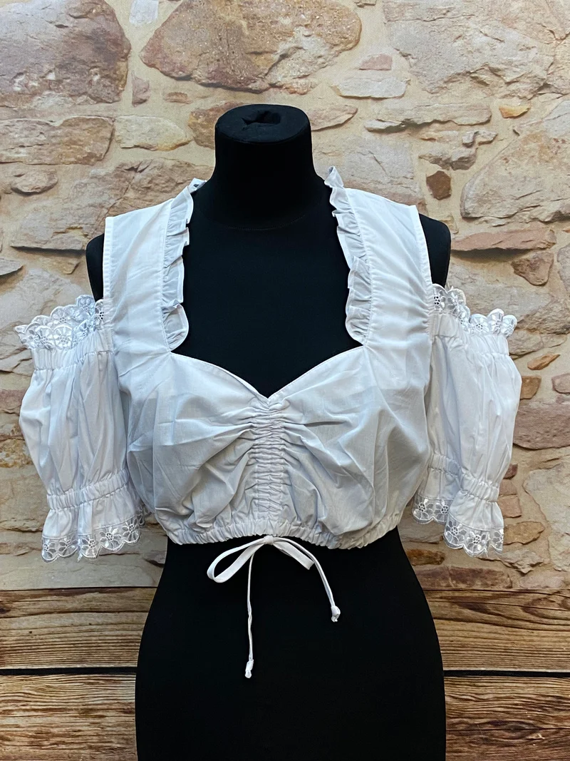 Dirndlbluse Damen Weiß Off-Shoulder – Rüschen & Spitze (Gr. 46)