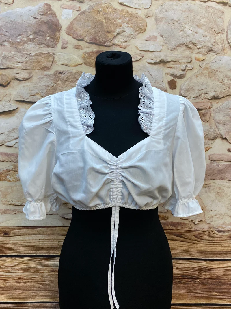 Dirndlbluse Damen Weiß Vintage – Rüschenkragen Gr. 38