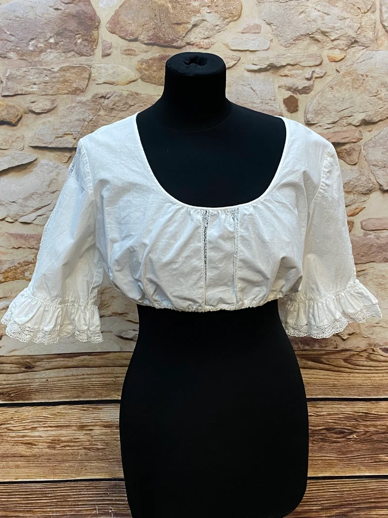 Vintage Dirndlbluse weiß Spitze Puffärmel Baumwolle Gr. 46