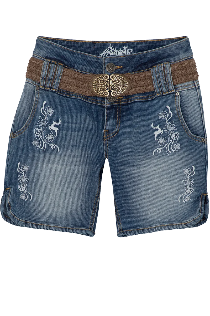 Damen Jeansshort mit Gürtel in Lederhosenoptik