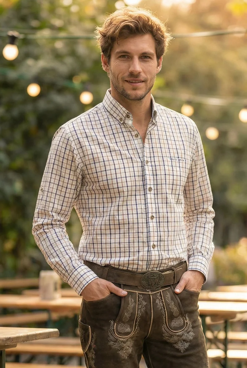 OS Trachten Men's Long Sleeve Slim Fit Shirt "Nexxus" white checks