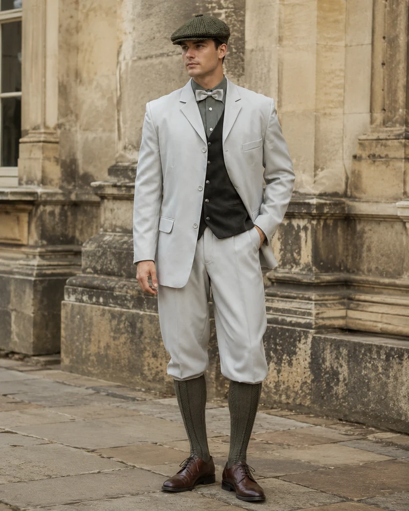 20er Jahre Gatsby Herren Outfit Gr. 52 in Hellgrau mit Weste & Schiebermütze
