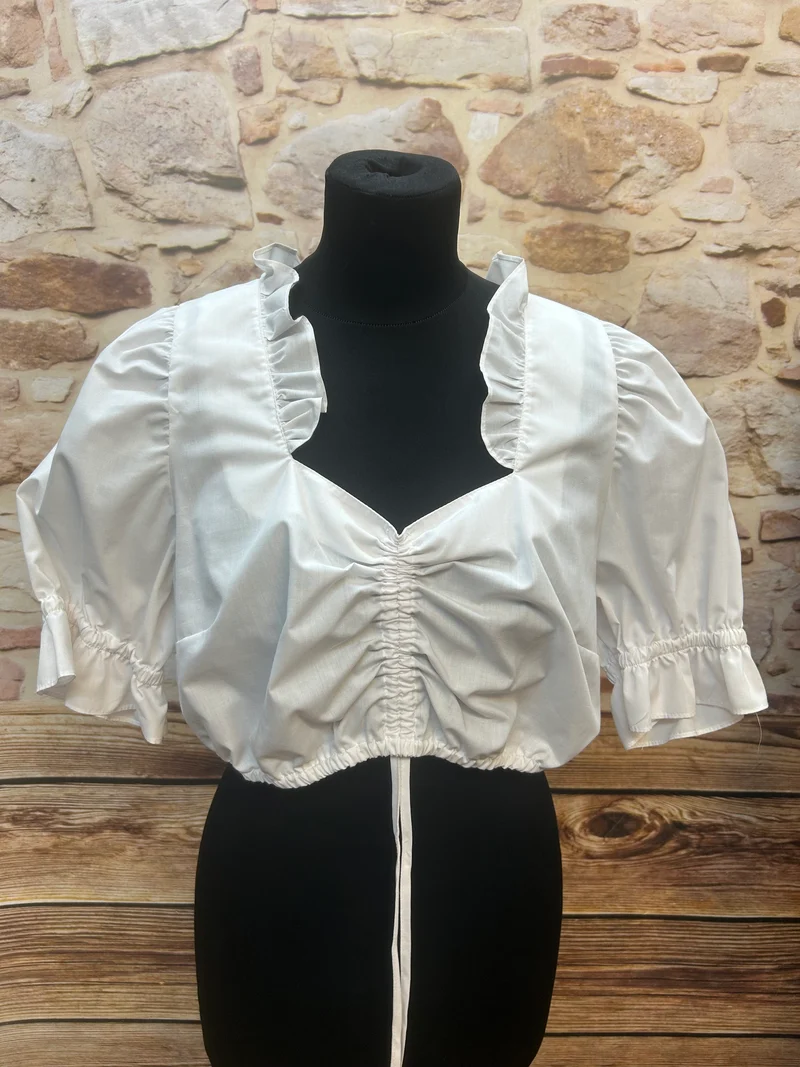 Dirndlbluse weiß - Rüschen - Raffung, Gr. 46