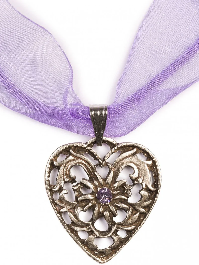 Chiffonband Herzkette mit Stein, lila