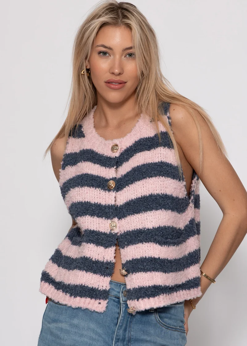 Bouclé-Weste mit Blockstreifen - rosa-grau