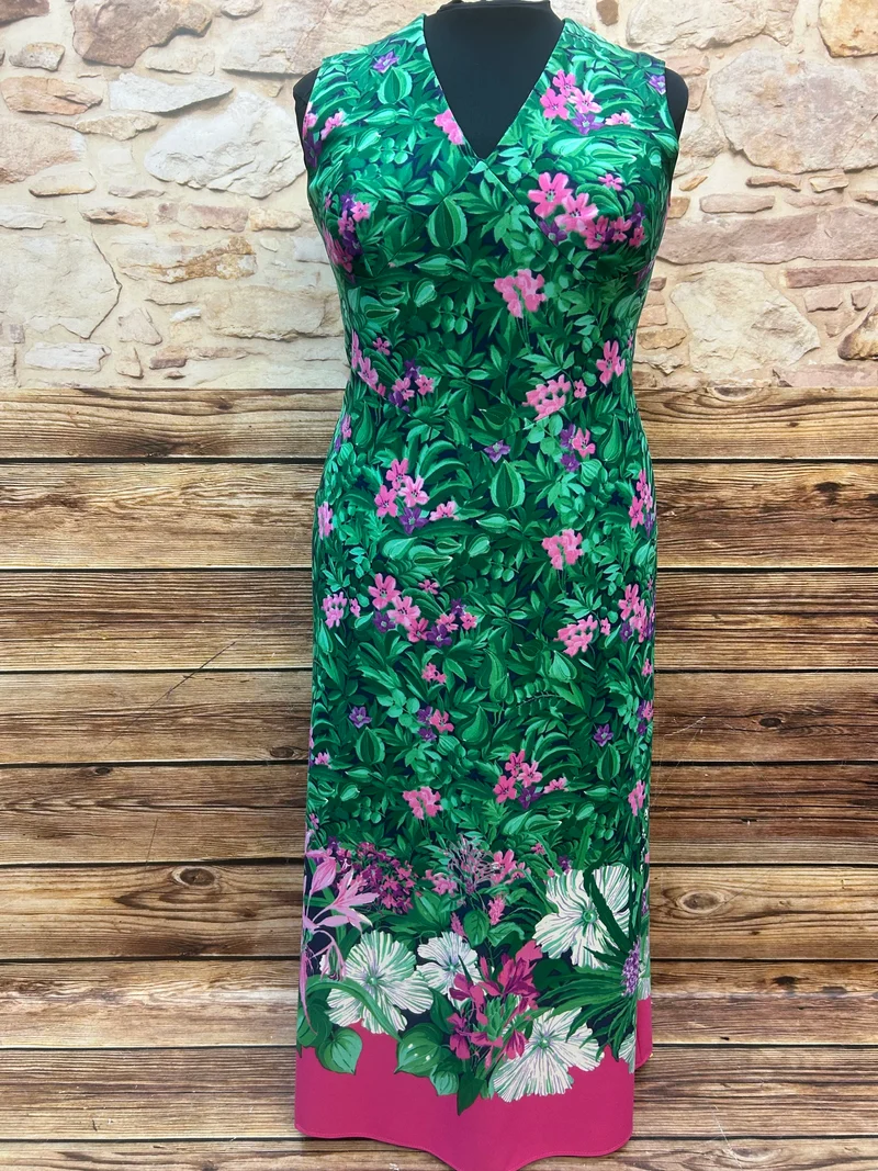 Original 70er Jahre Maxikleid Grün Pink Gr. 46 – True Vintage