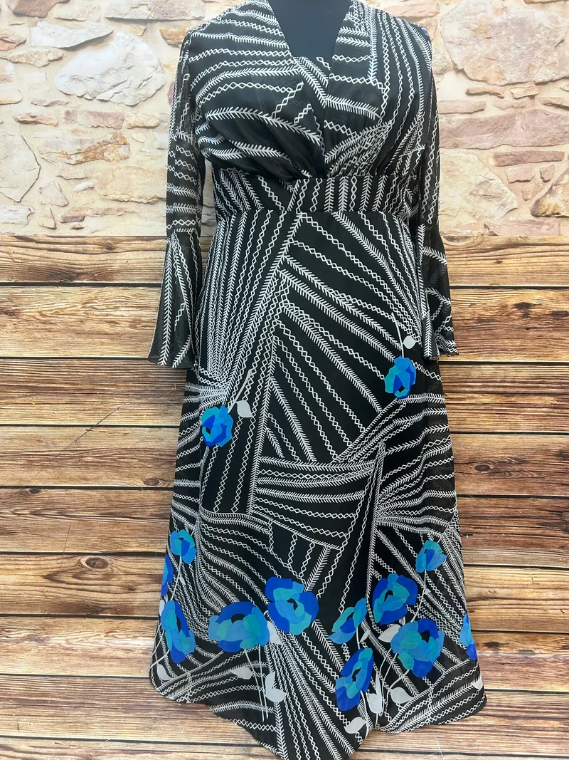 Original 70er Jahre Maxikleid schwarz blau Gr. 46