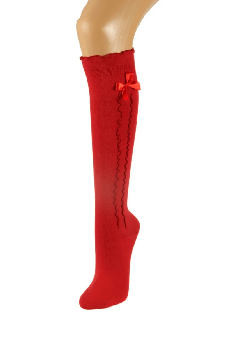 Damen Kniestrümpfe rot mit Rüsche und Schleife