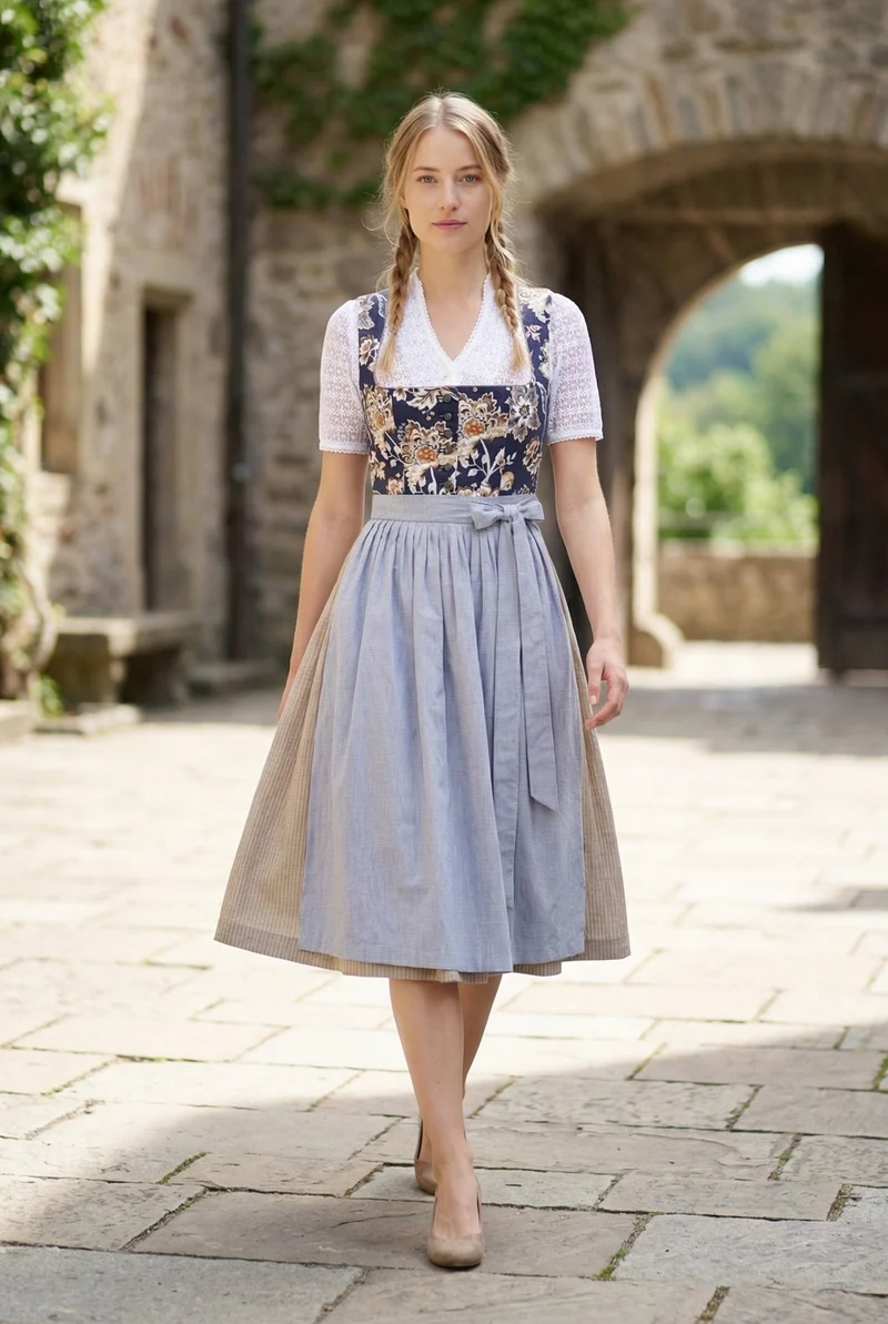 Berwin Long Dirndl 2pcs. 75cm "Kirsten" floral blue