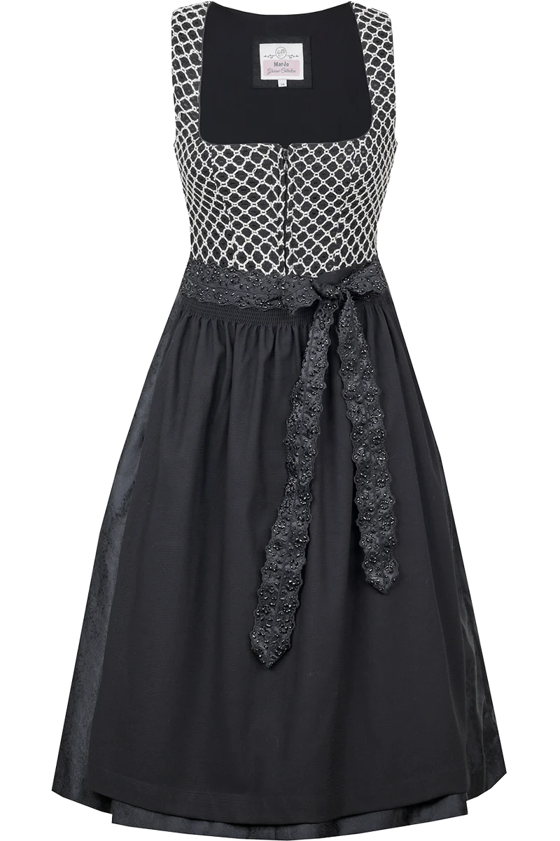 Midi-Dirndl mit eckigem Ausschnitt und Häkelspitze und Strassschürzenband