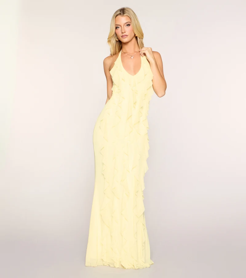 Flirty Drama Halter Ruffle Maxi Dress