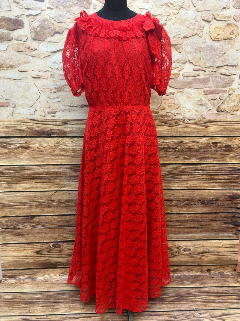 Theater Abendkleid Rot Spitze – Dramatisches Bühnenkleid Maxi Gr. 44