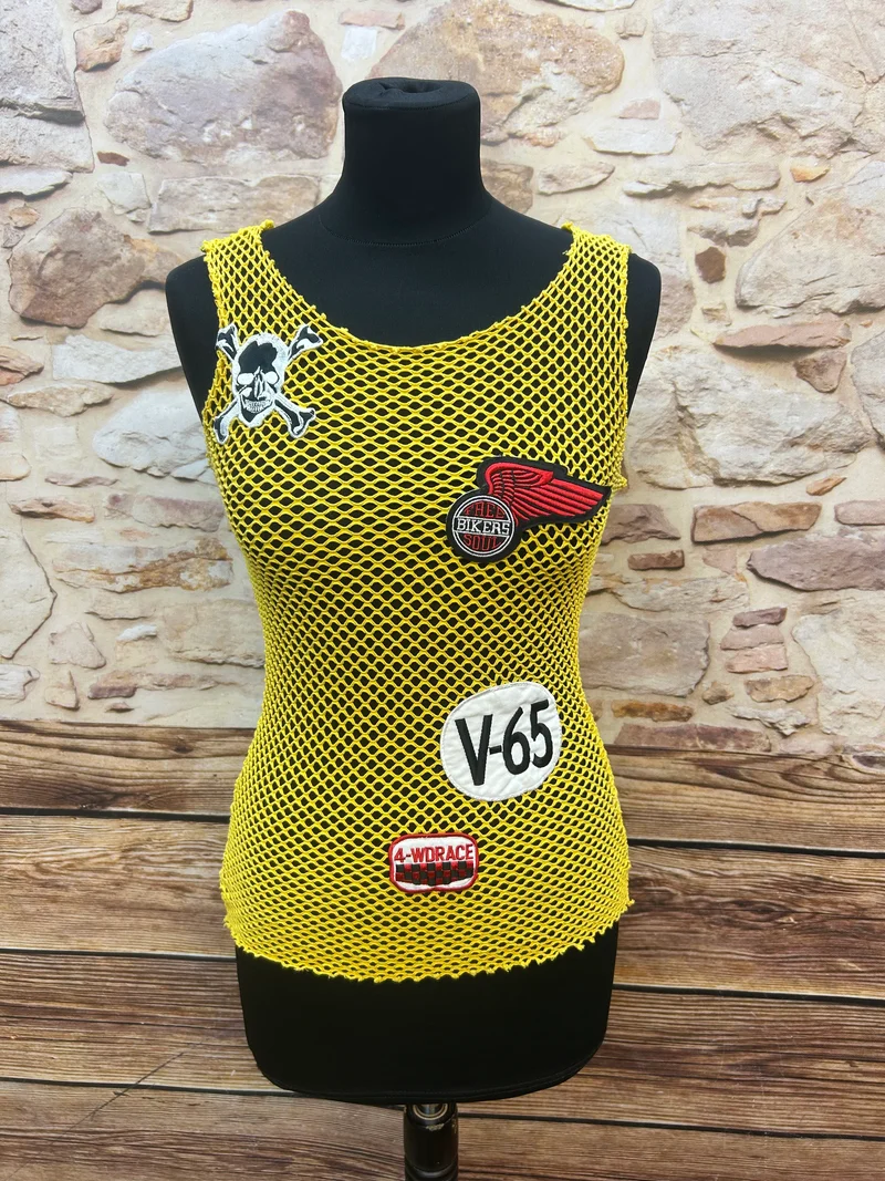 1980er Vintage Netz-Top Gelb mit Patches – FREESOUL Italia Gr. S
