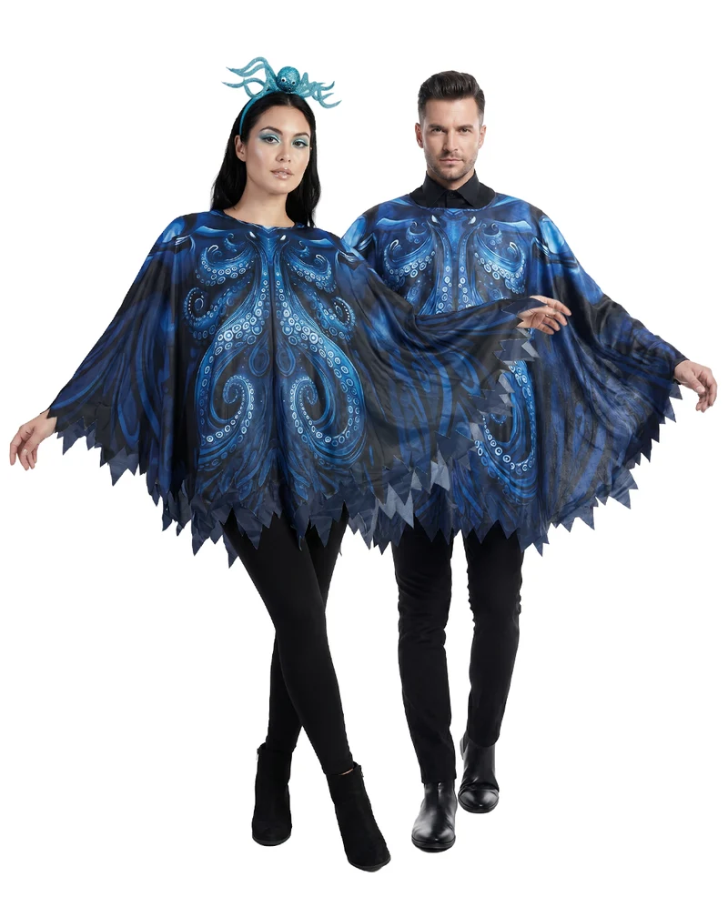 Schwarzer Oktopus Poncho mit blauem Tintenfisch