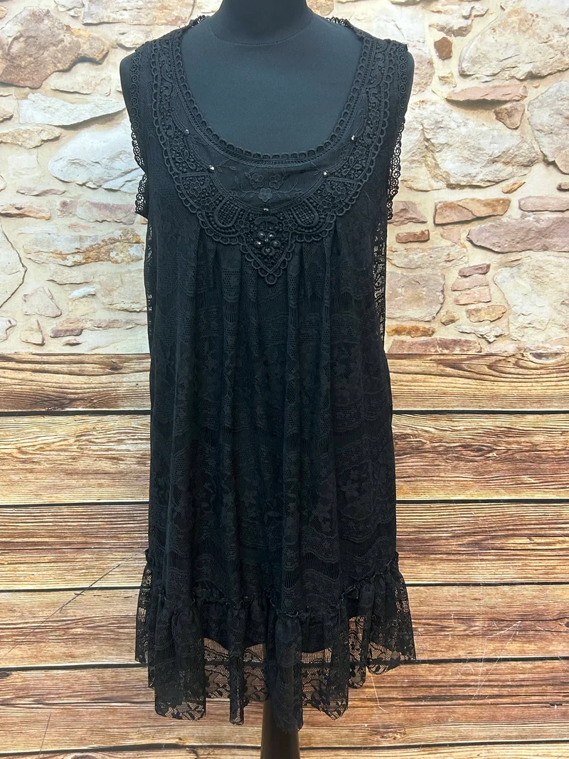 Schwarzes 80er-Spitzenkleid – Größe L