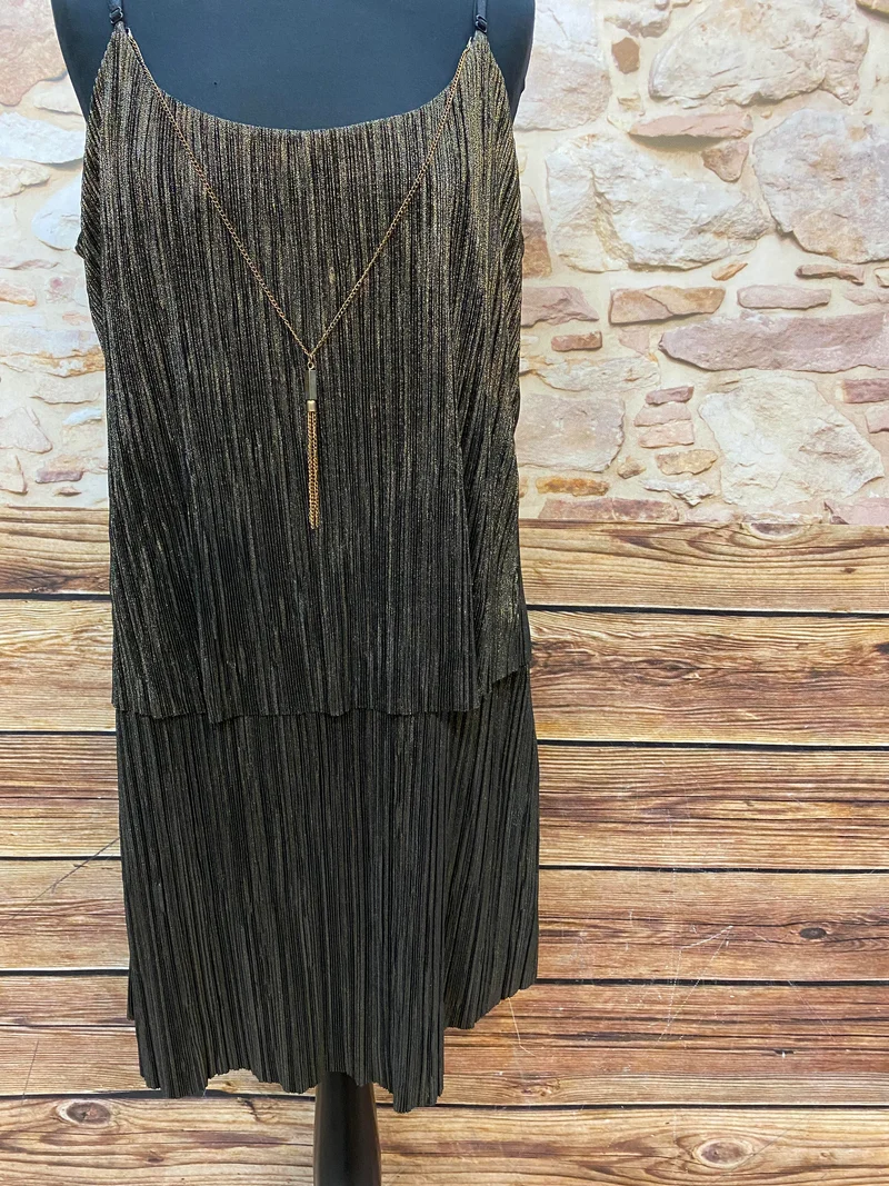 Gold‑schwarzes Metallic‑Plissé‑Kleid von Bréal – Gr. 42