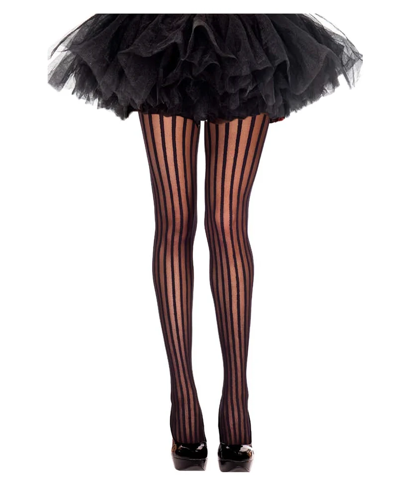 Schwarze Nylonstrumpfhose mit Nadelstreifen