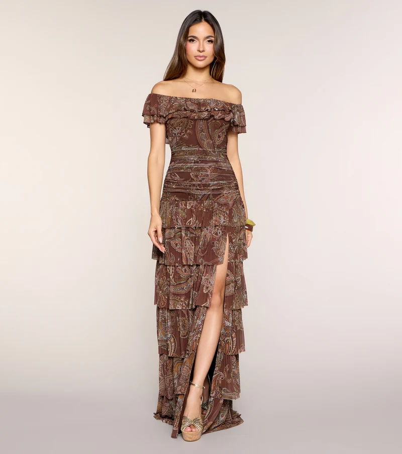 Lila Floral Print Off-The-Shoulder A-Line Dress