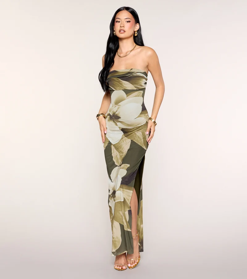 Lush Floral Print Strapless Maxi Dress