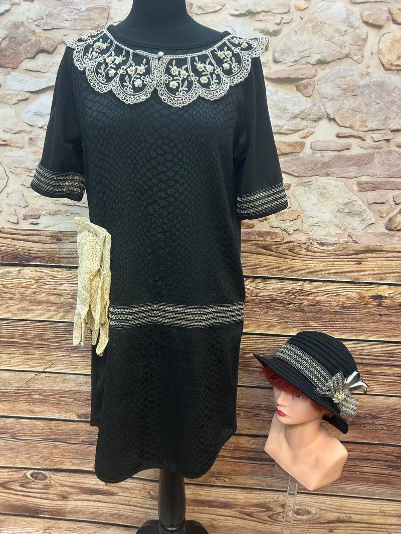20er Jahre Outfit Damen Gr. 36 Schwarz-Gold mit Hut