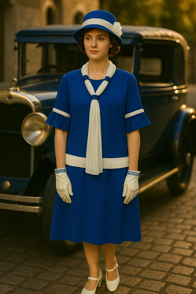 Royalblaues 20er-Jahre Kleid Gr. 42 mit Hut & Handschuhen