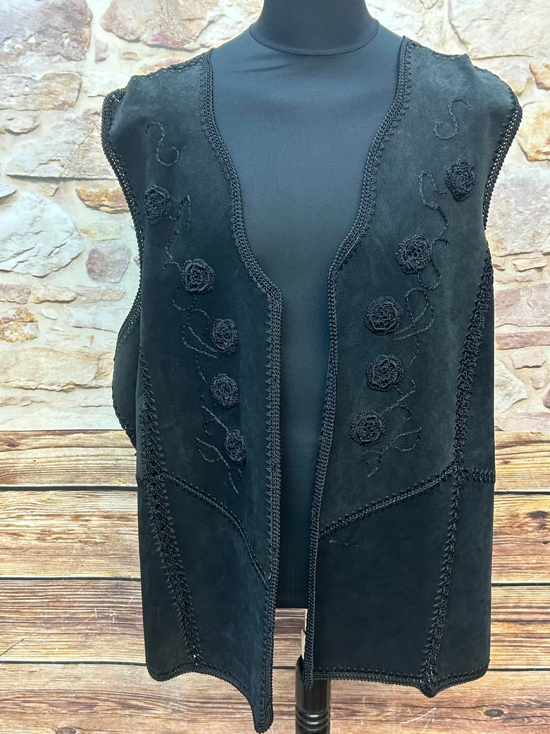1970er Vintage Damen Weste Wildleder schwarz Patchwork Stickerei – XXXL