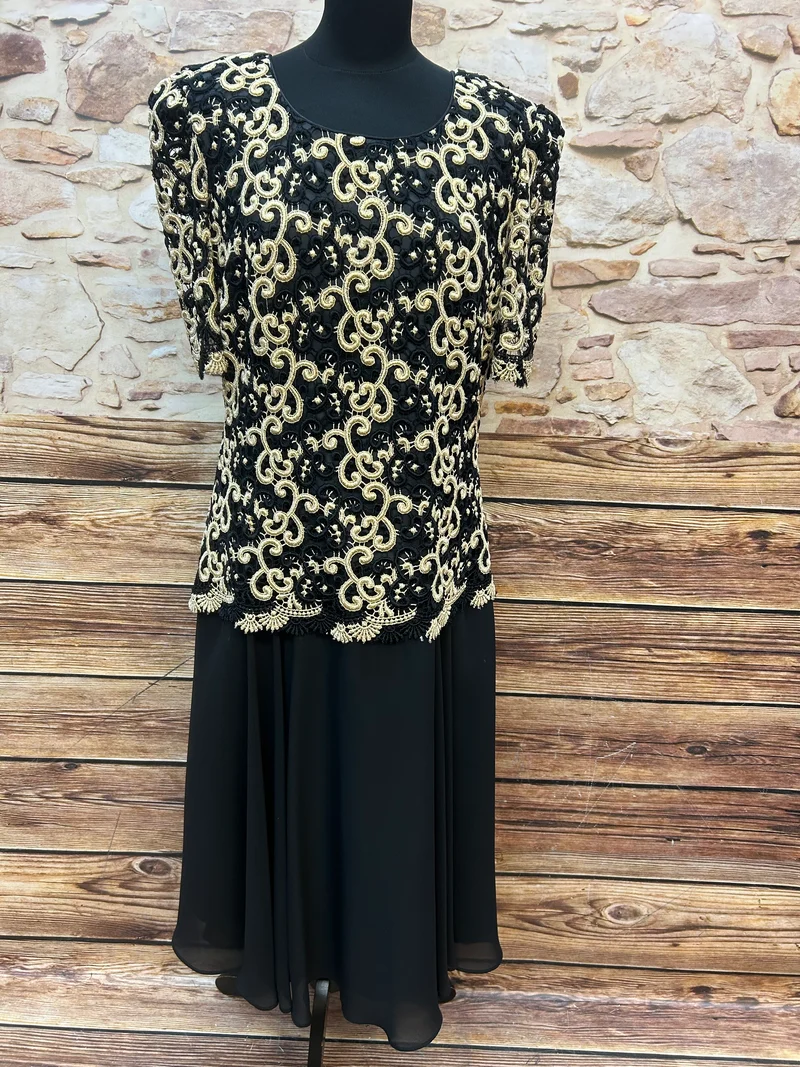 Vintage Stickkleid Schwarz-Gold Gr. 42 mit tiefer Taille
