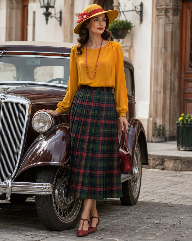 Oldtimer Outfit Gr. 44 mit Plissee-Bluse und Tartan-Rock