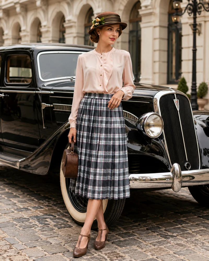 Oldtimer Outfit Gr. 40 mit Rosé-Bluse und Karorock