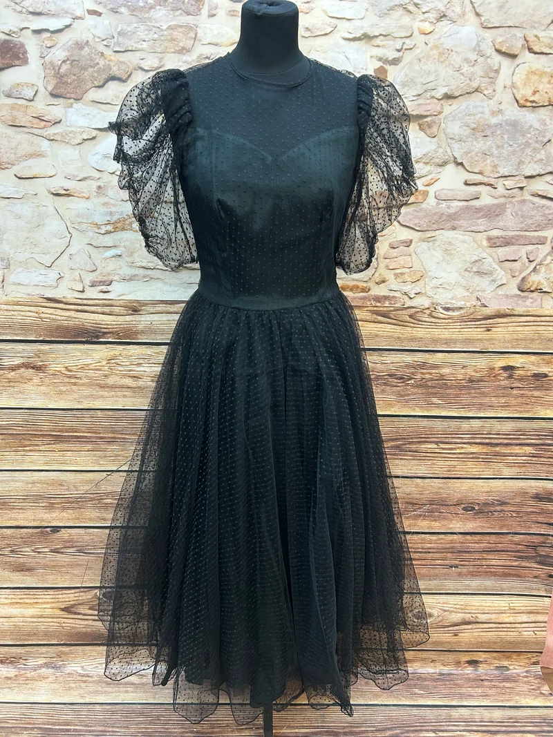 Schwarzes Vintage-Tüllkleid aus Westdeutschland – Größe 36