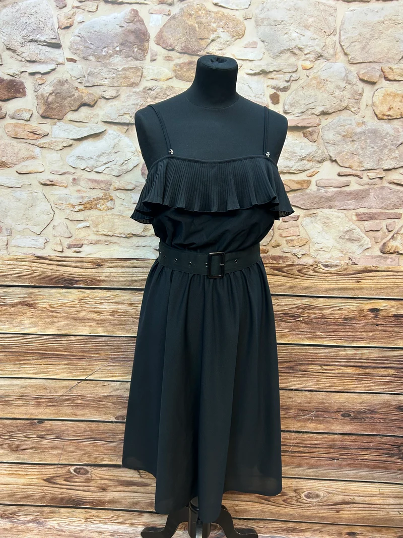 Vintage Kleid St. Michael – Plissee-Volant & Taillengürtel – Gr. 40 (stretchig) – Made in UK