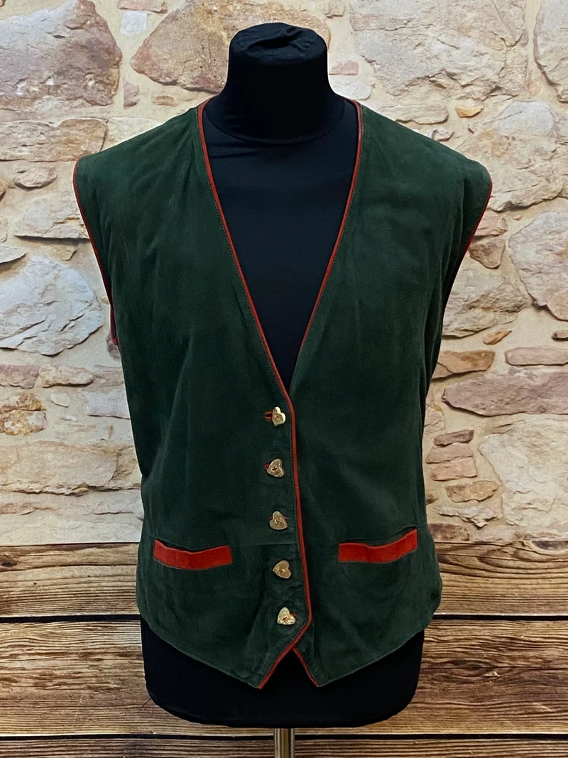 Vintage Damen Weste Trachtenstil dunkelgrün mit roten Paspeln – Größe 48