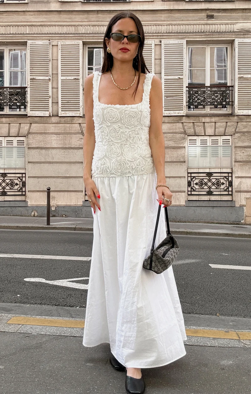 Bradshaw Maxi Dress ~ Rosette Mesh White