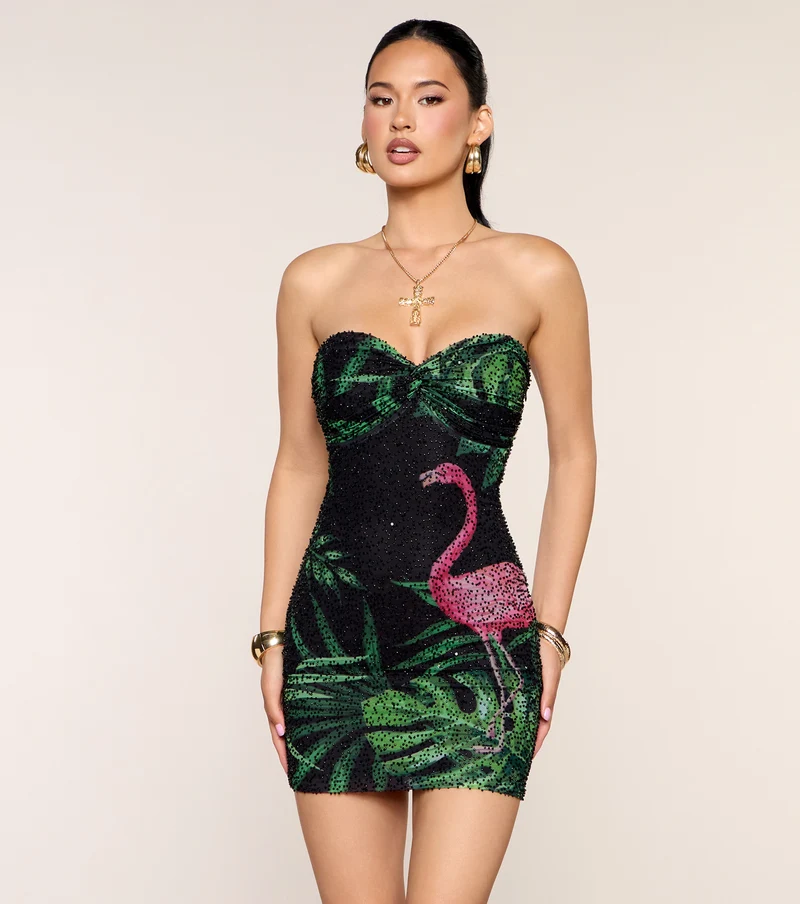 Ava Tropical Beaded Mesh Mini Dress