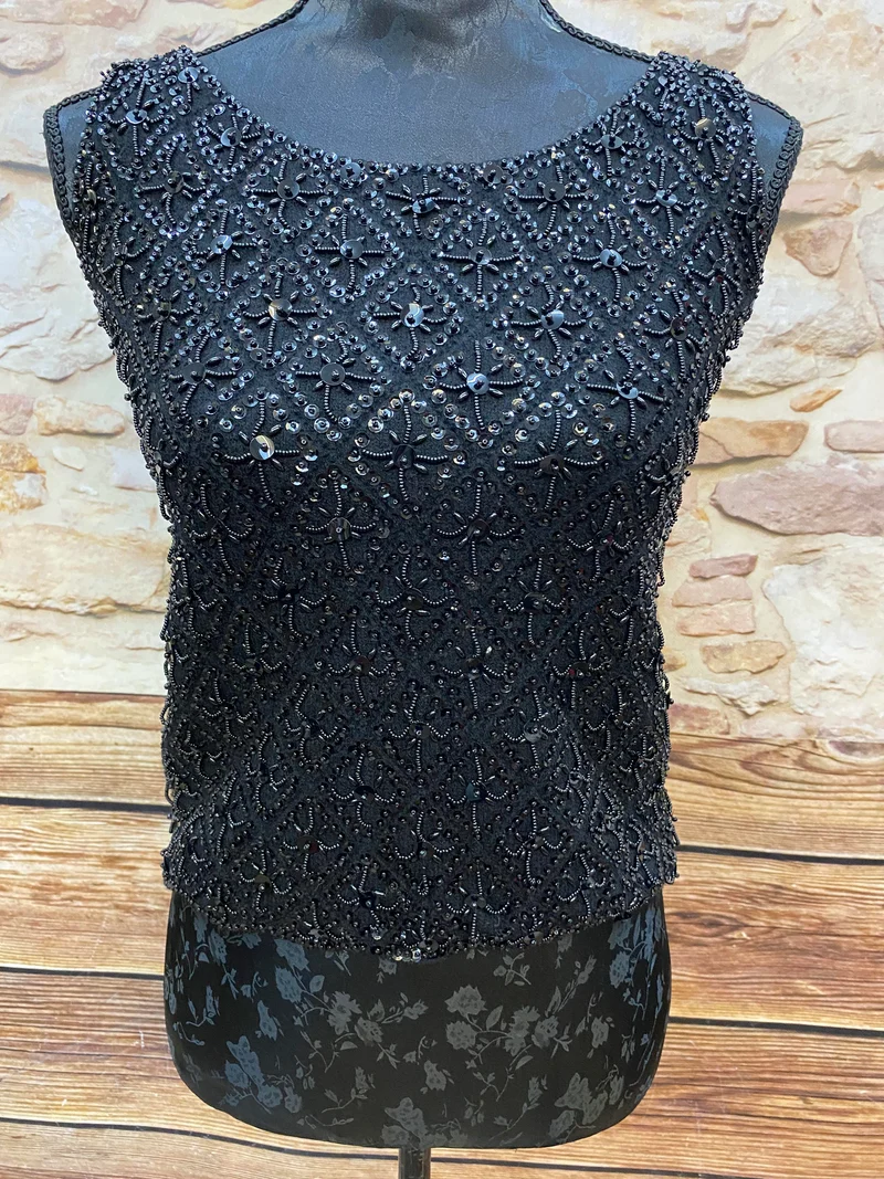 Vintage Pailletten Top Schwarz – Perlenbesetzt & Elegant – Größe 34